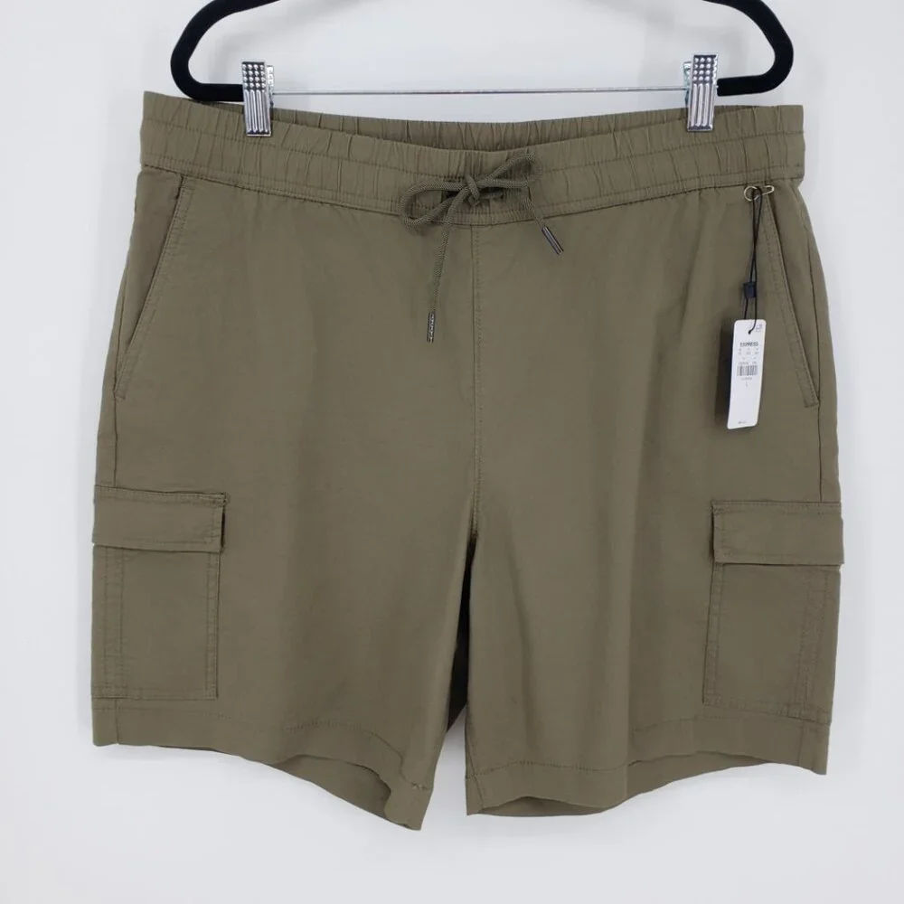Express Pull on Cargo Shorts L Mens Elastic Drawstring‎ Waist Cotton Olive Green